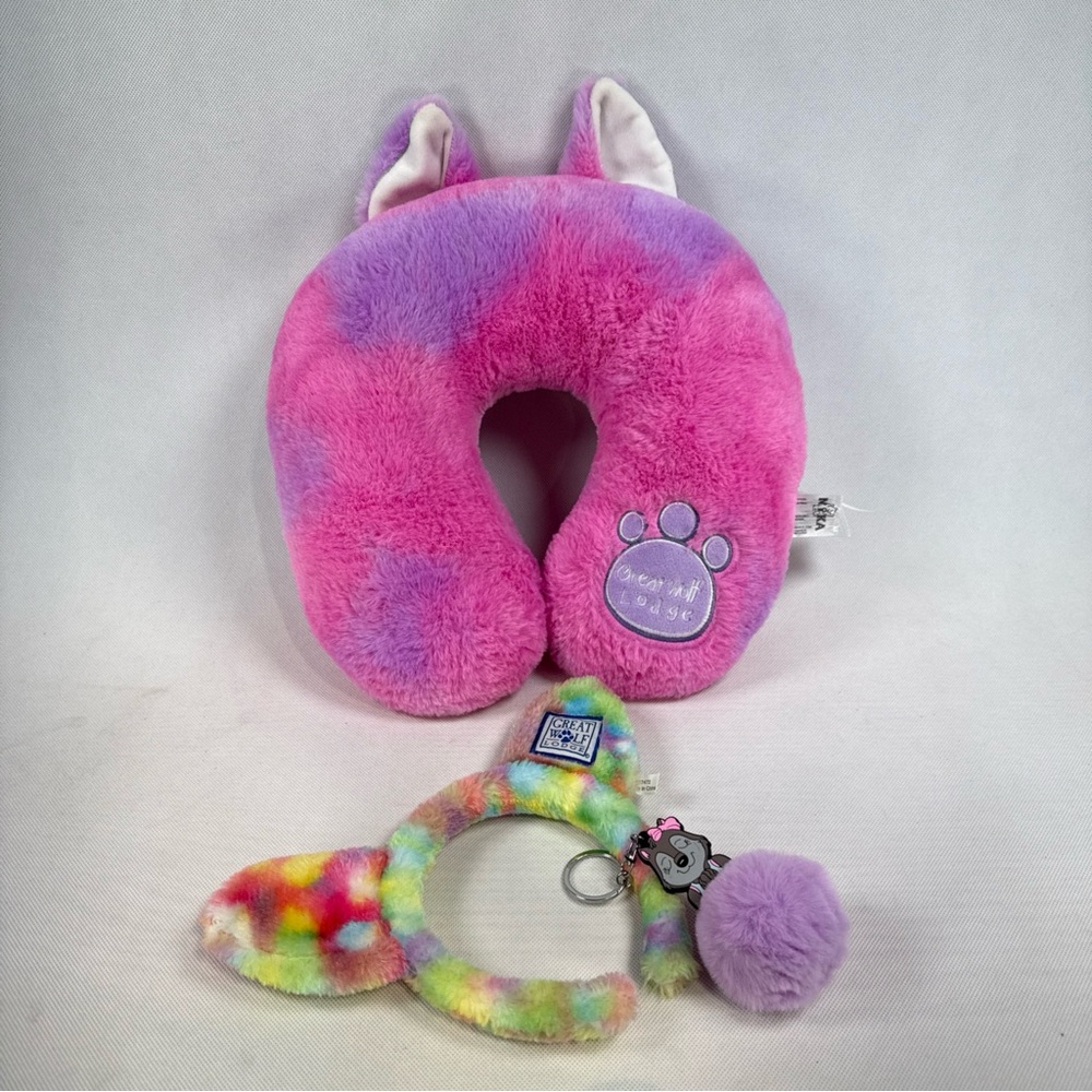 Great Wolf Lodge Rainbow Tie dyed Wolf Travel Neck Pillow, Ears And Keychain Set
